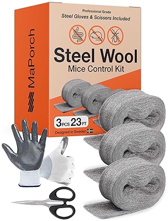 MaPorch 3-Roll Steel Wool Mice Control Kit - Unchewable Gap Filler for Doors, Pipes, Weep Holes and Baseboards - 2.5 in x 7.5 ft - Grade 4 Thick Excluder Mesh for Rodents with Gloves and Scissors