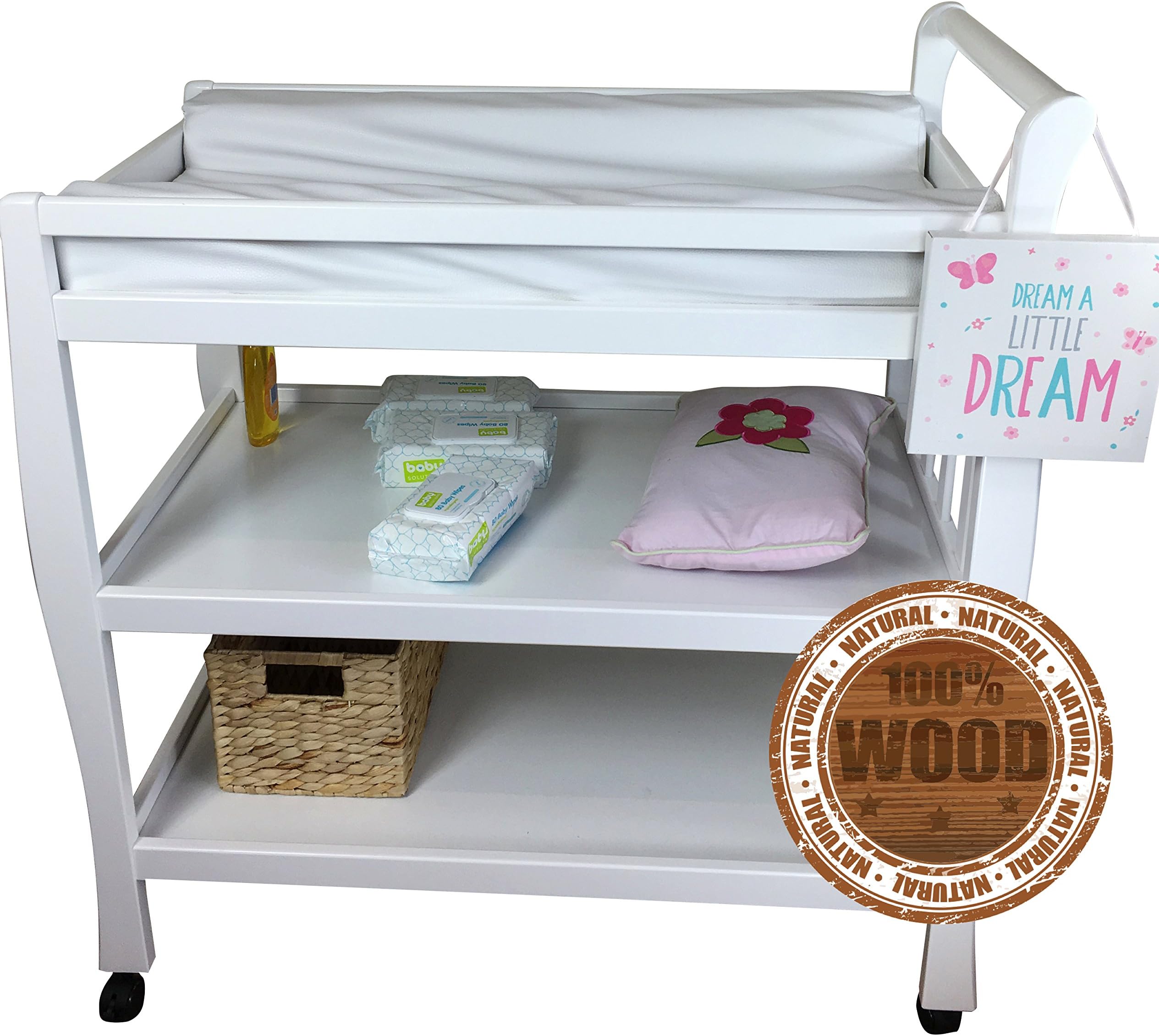 Solid Pine Baby Diaper Change Table with 2 Shelves (White)