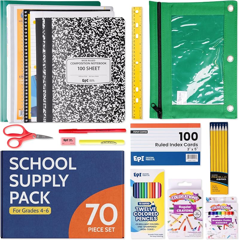 EPI Essentials Back to School Supplies for Kids 4th - 6th Grade – 70 Items in Kit – Elementary School Supply Packs – Wide-Ruled Bundle with Composition Notebooks – Suitable for Homeschooling