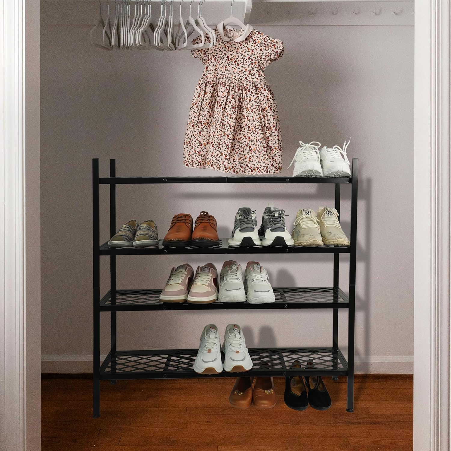 Shoe Rack, 4-Tier Long Shoe Rack, Stackable Shoe Storage Organizer Expandable Shoe Shelf Stand, Holds up to 25-30 Pairs of Shoes for Entryway, Garage, Front Door Entrance, Metal,45.6in Black