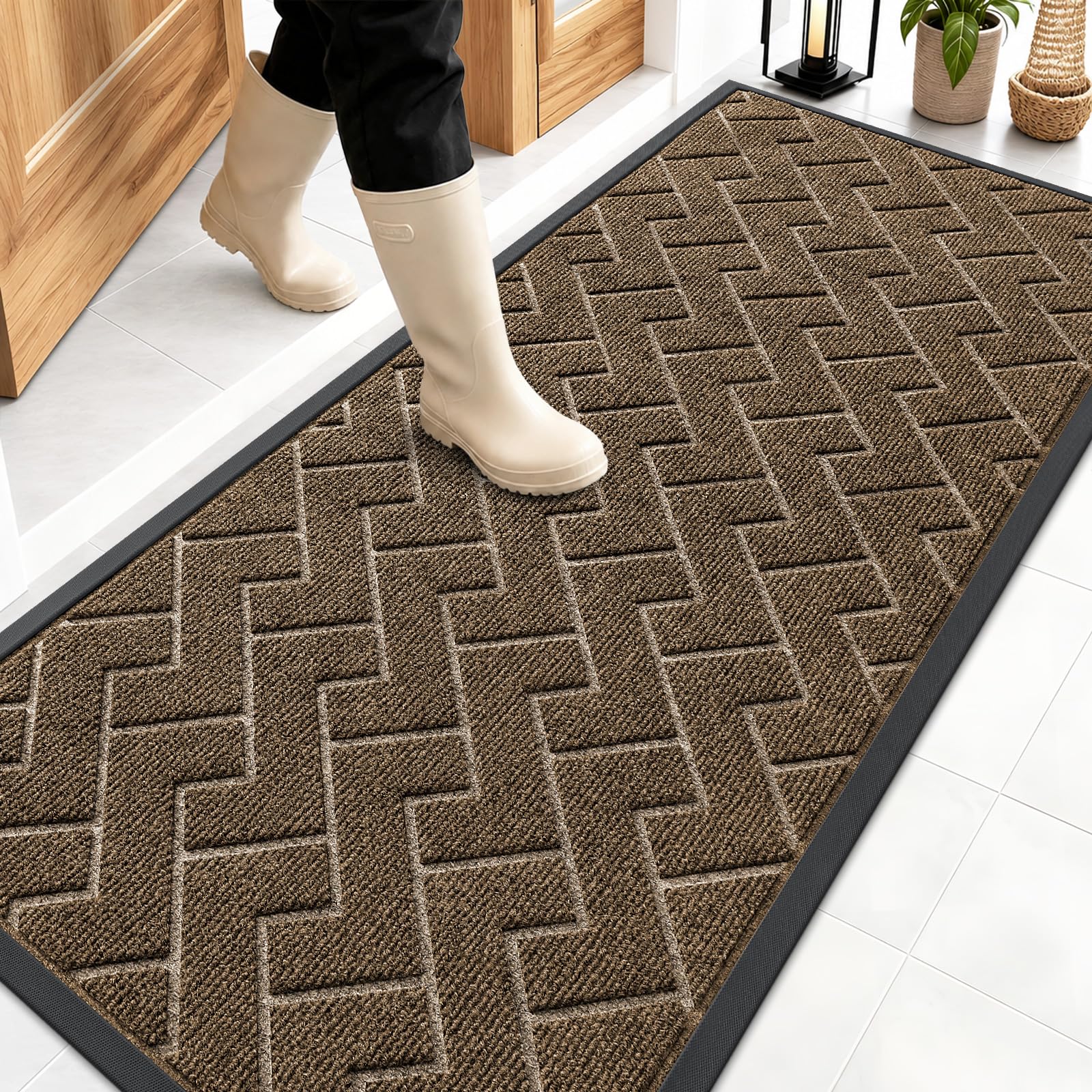 OLANLY Front Door Mat Outside 59x23, All-Season Absorbent Rubber Doormat | Brown, Heavy-Duty, Stain and Fade Resistant, Waterproof Non-Slip Backing, Low-Profile Indoor Outdoor Floor Mat for Entryway