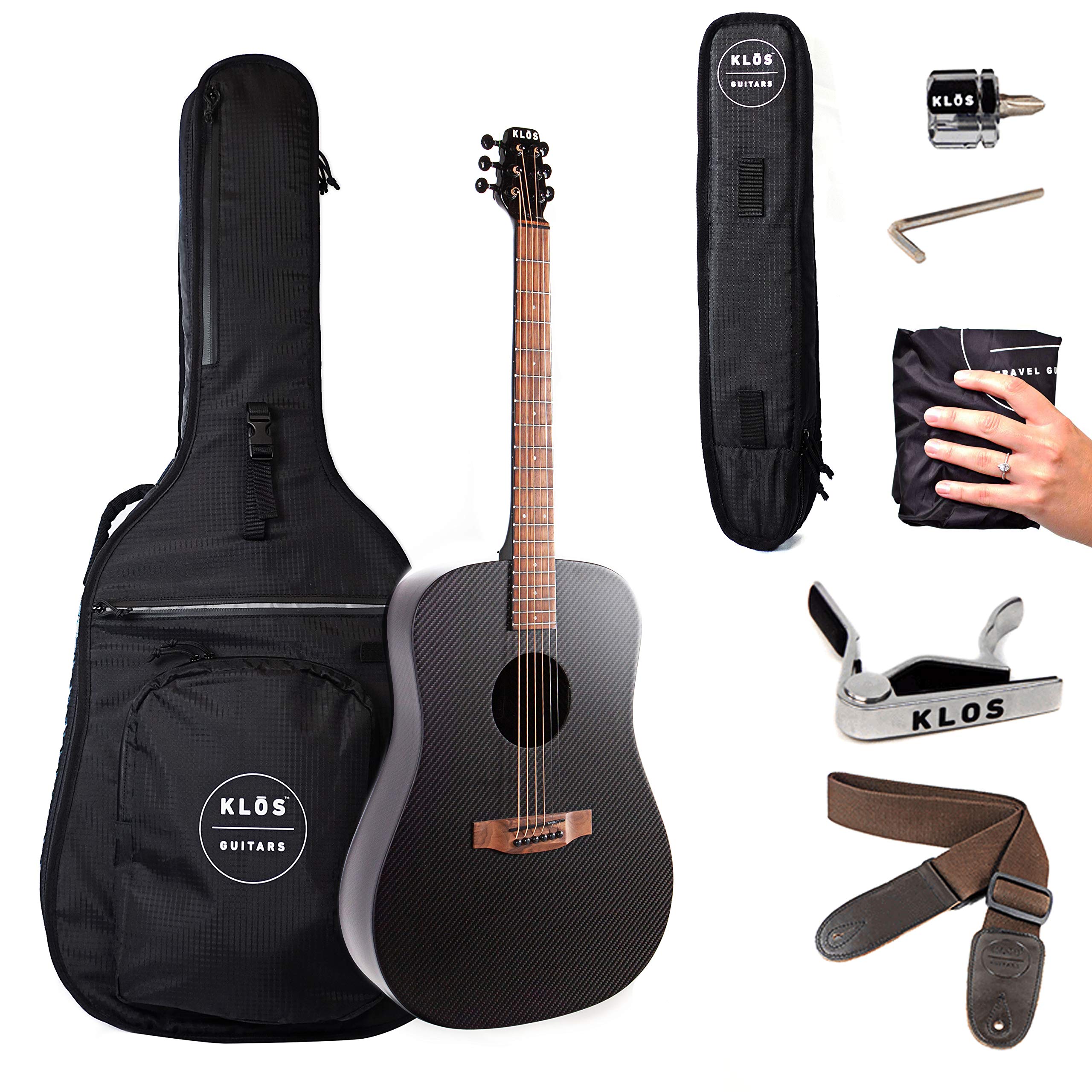 Deluxe KLOS Black Carbon Fiber Full Size Acoustic Electric Guitar Kit with Gig Bag, Strap, Capo