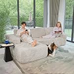 IDEA HOME 96in L-Shaped Modular Sectional Couch, Frameless Cloud Sofa, No Assembly Required, Corduroy Upholstered Living Room Sofa (Left Facing Chaise, Beige White