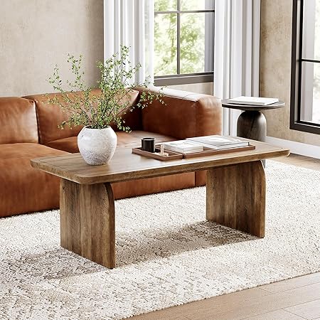 LITTLE TREE Farmhouse Coffee Table, 47 Inches Wooden Center Tables with Rounded Corners, Rectangular Living Room Tables, Modern Low Cocktail Tea Furniture for Living Room (Rustic Brown)