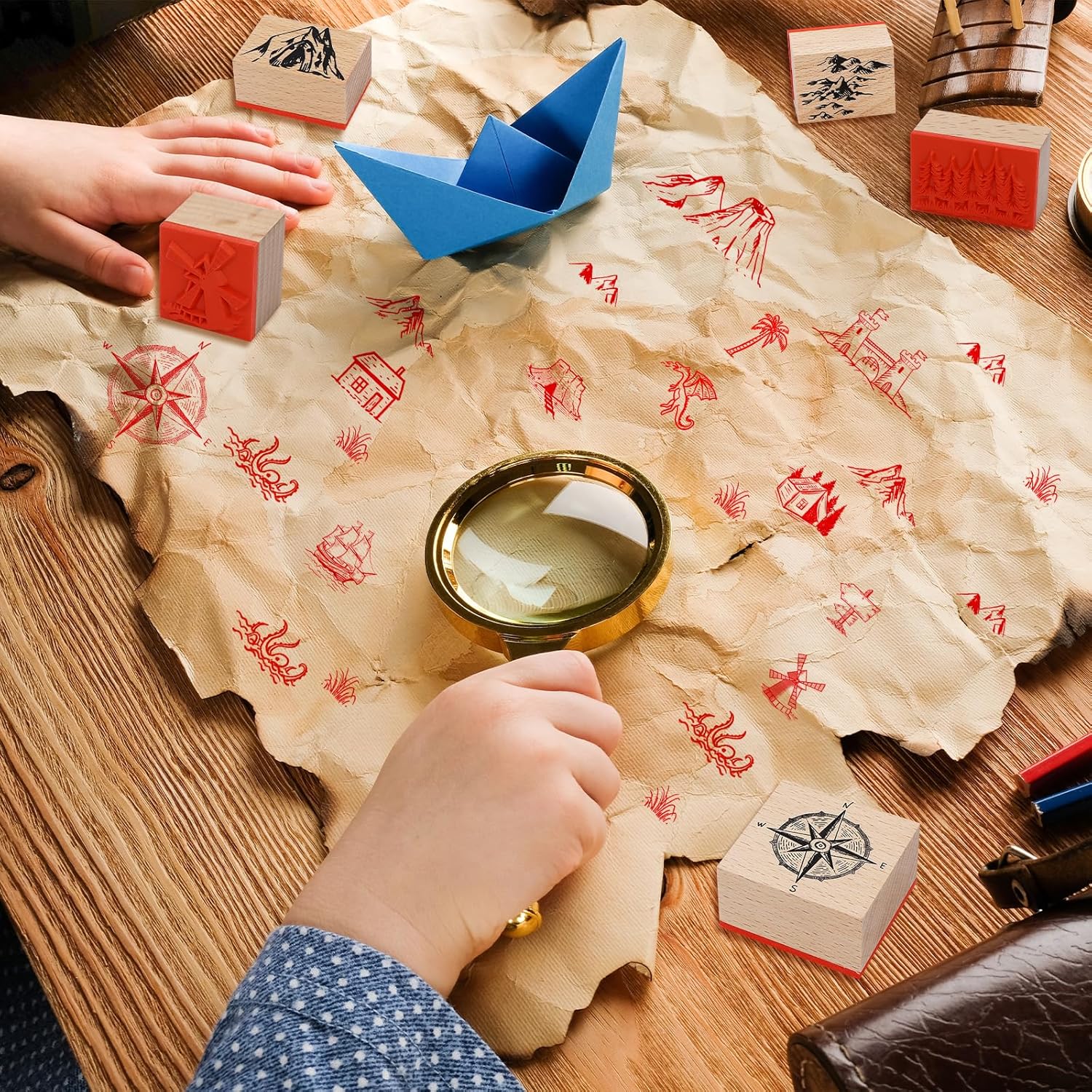 30Pcs Compass Mountains Stamp Vintage Wooden Rubber Stamps Fantasy Map-Making Stamp Set for Storytelling and Creative Projects Decorative Battle Maps, DIY Crafts,Scrapbooking Supplies