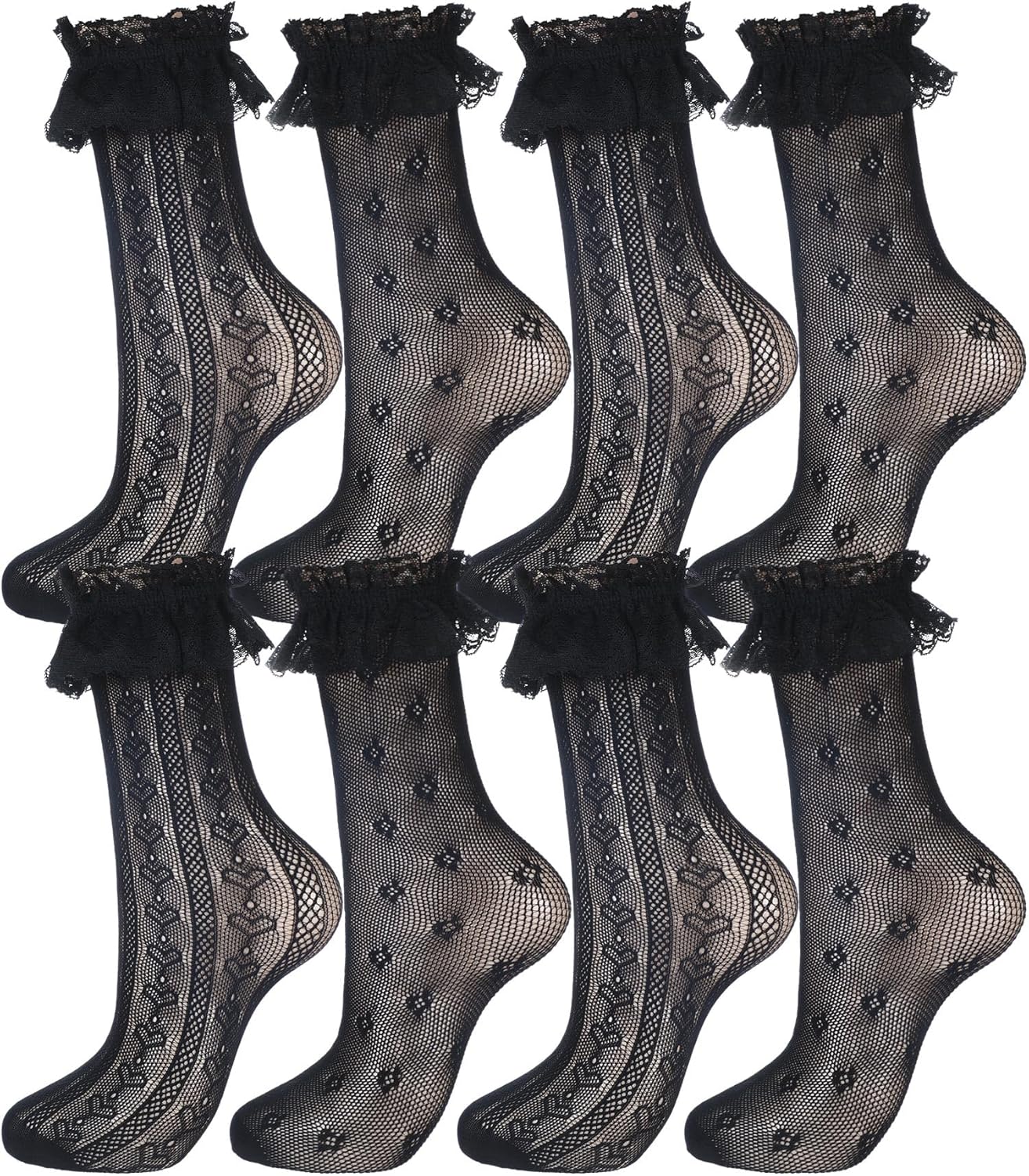 Geyoga 4 Pairs Women's Lace Socks Fishnet Mesh Knee High Stockings Lace Ankle High Socks for Women