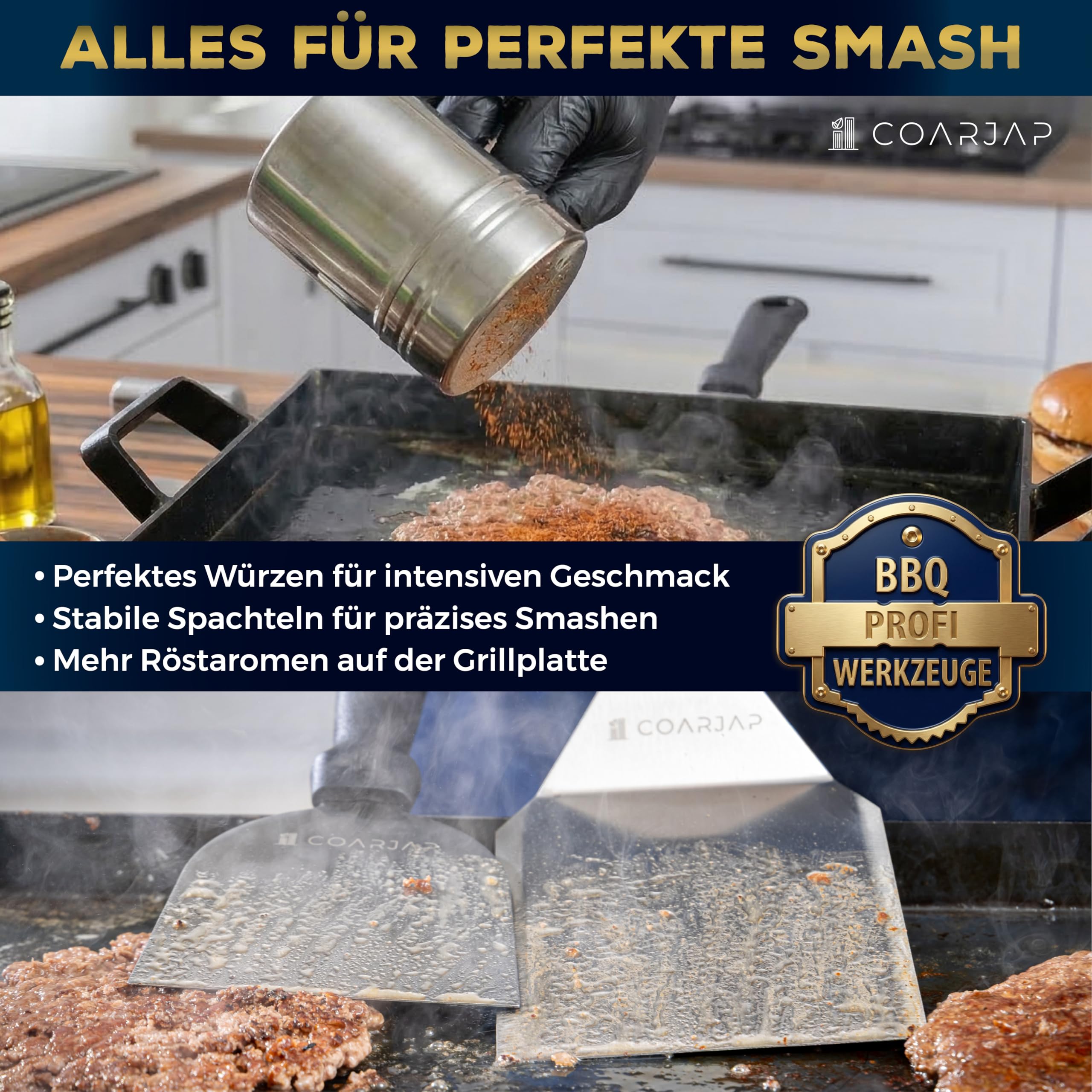 Smash Burgerpresse Set Premium - 7-teilig - Burger Smasher Set Grill aus Edelstahl 304-2 Burgerglocken, Grillspachtel Set, Gewürzstreuer + 60 Antihaftpapier - Grill Zubehör Burger