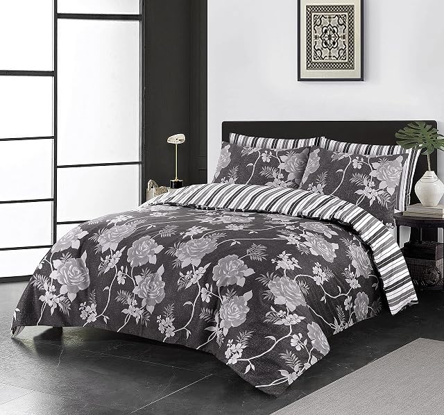 SeventhStitch Printed Duvet Cover Set 100% Cotton Bedding Bed Sets 200 Thread Count Reversible Stripe Quilt Covers Silver Grey Pink Bedding Sets Double King Super King Size (Double),BB123
