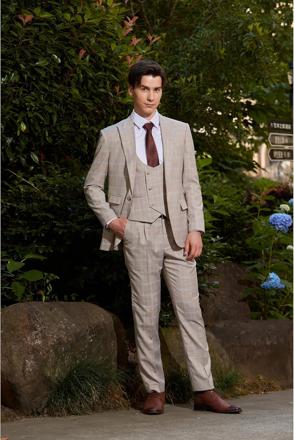 Men's 3 Pieces Slim Fit Plaid Suits Wedding Party Checked Tuxedo Blazer Jacket Vest Pants Suit Set - Image 2