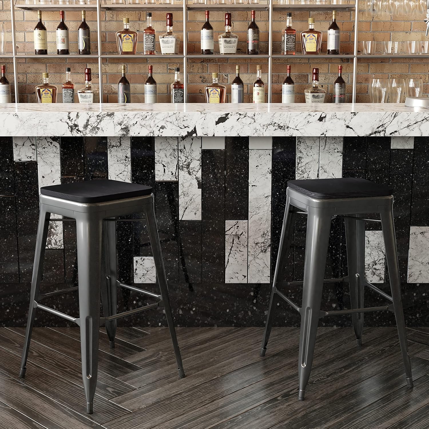 EMMA + OLIVER Kam 30" High Backless Bar Stool - Black Metal Frame - Black Polyresin Seat - for Indoor/Outdoor Use