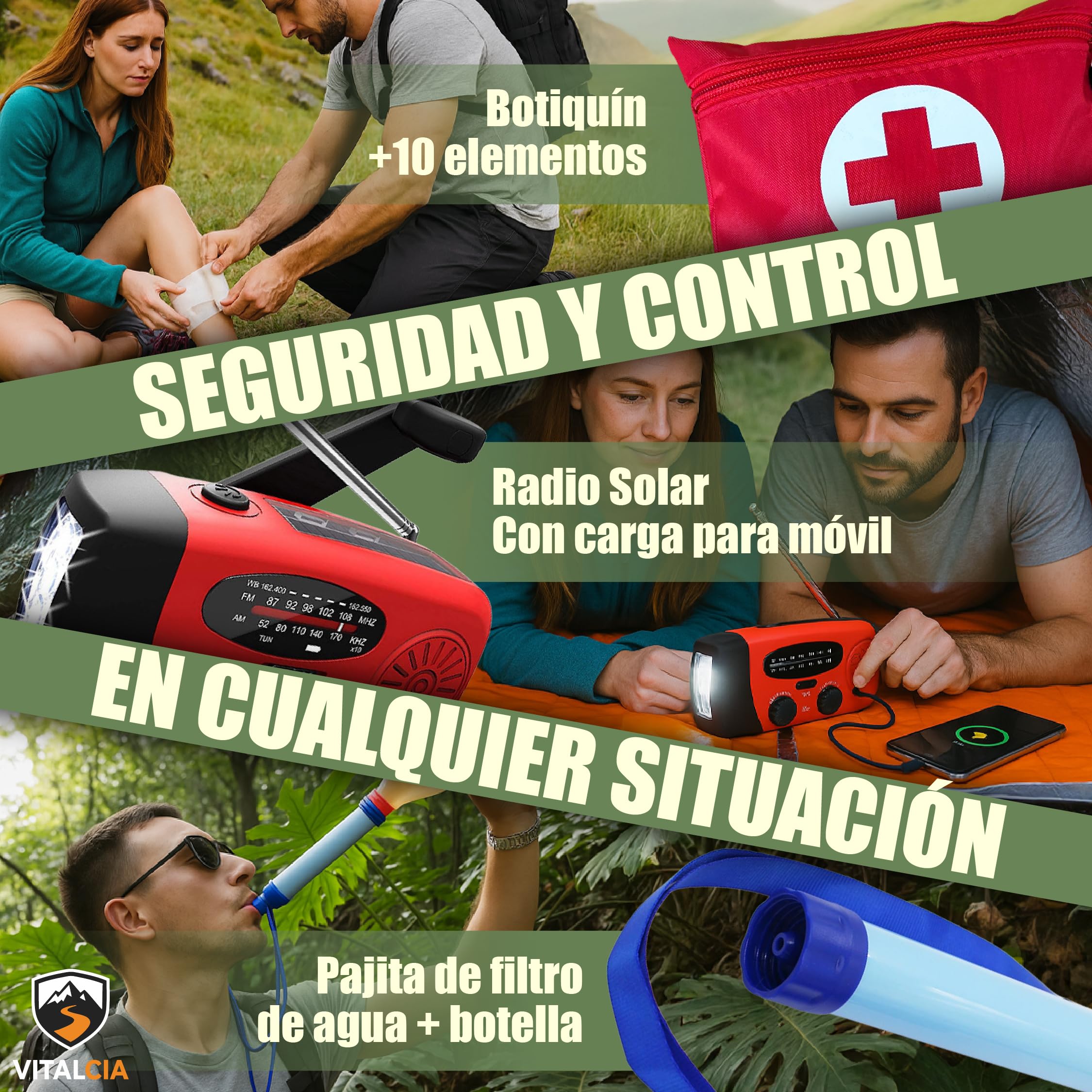 Kit Supervivencia, Mochila Supervivencia 72 Horas con Hacha Supervivencia, Kit de Primeros Auxilios, botiquín de Primeros Auxilios, Radio Solar de Emergencia con manivela.