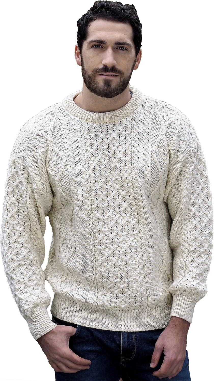 Aran Crafts Irish Soft Cable Knitted Crew Neck Unisex Sweater (100% Pure New Wool)