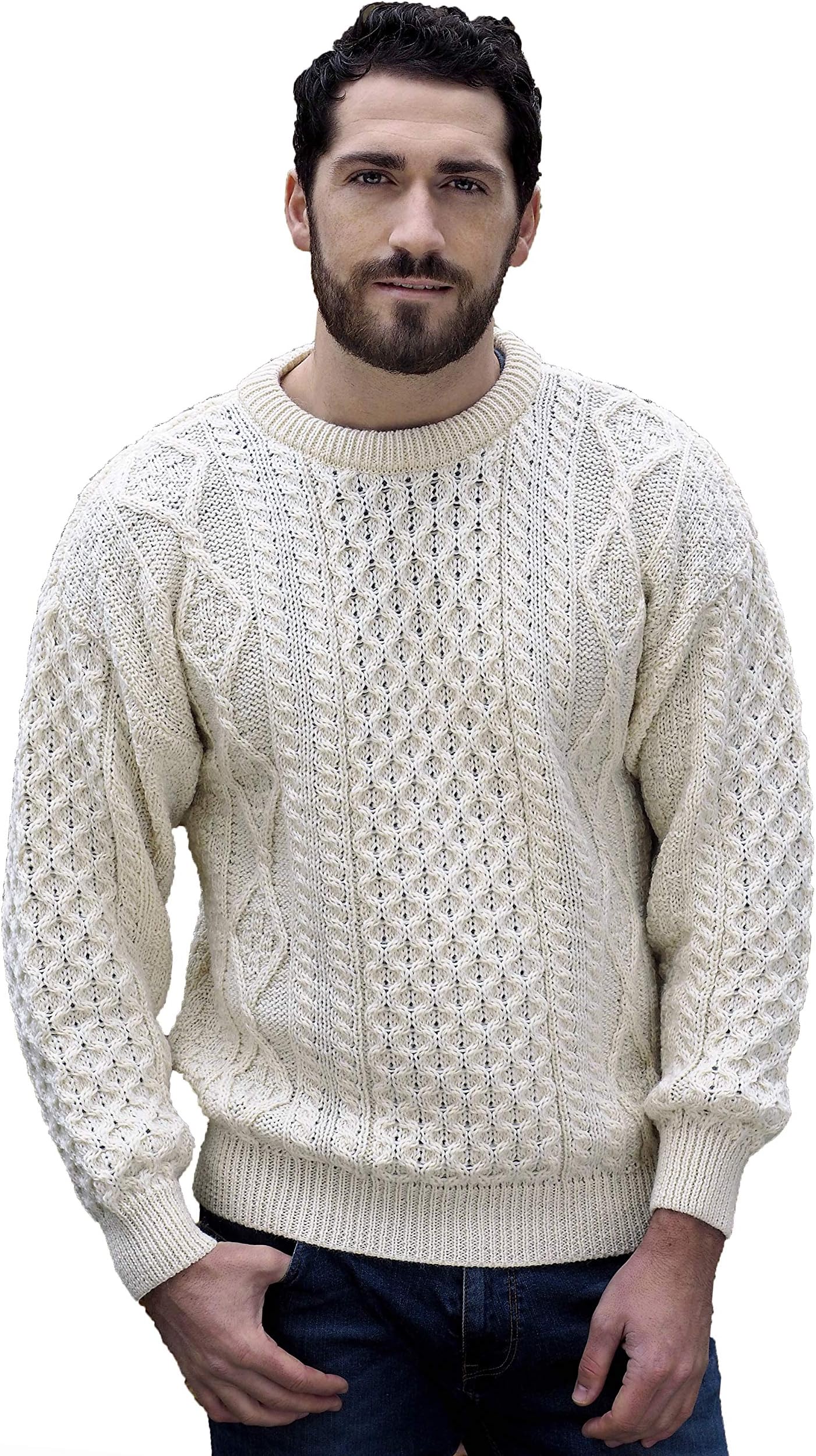 Irish Soft Cable Knitted Crew Neck Unisex Sweater (100% Pure New Wool)