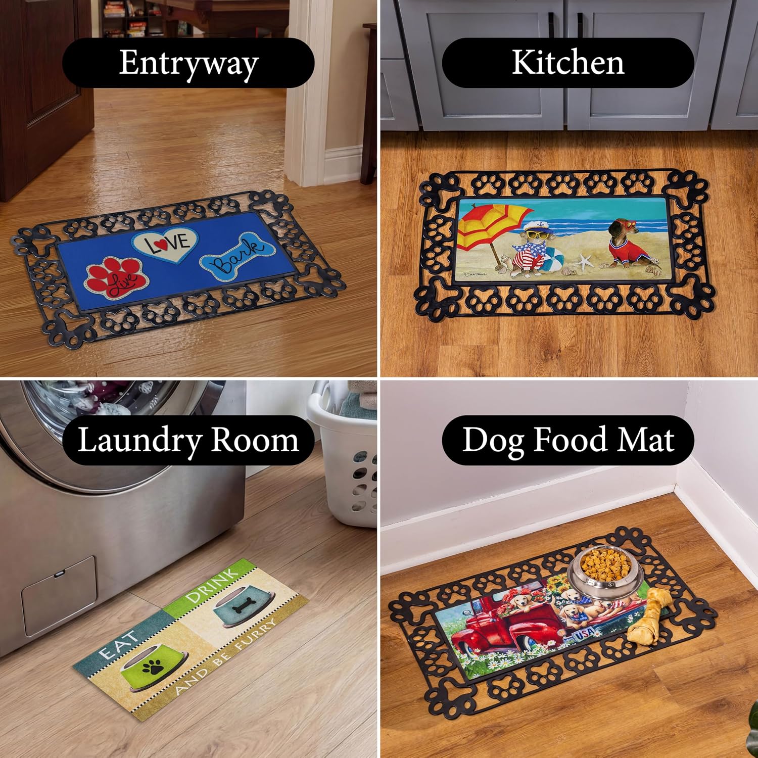 Evergreen Sassafras Dog Doormat Insert Bundle & Tray Set of 5, Paw Print Interchangeable Entrance Door mats Indoor and Outdoor Welcome Mat 30 x 18 Tray Non Slip Backing Low Profile