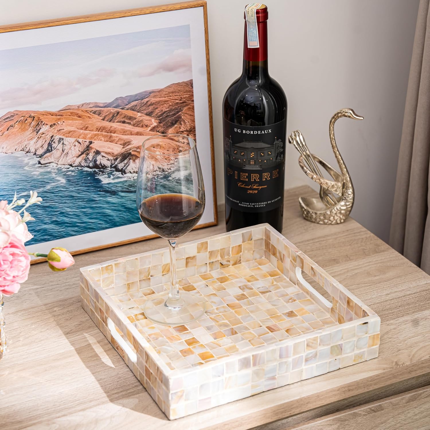 PEMAR 10" Mother of Pearl Catchall Tray for Coffee Table, Entryway, Nightstand. Square Serving Tray Wooden Luxury Decorative Handmade Eating Platters w Insert Handles (White Cream Squares Pattern) - Image 8