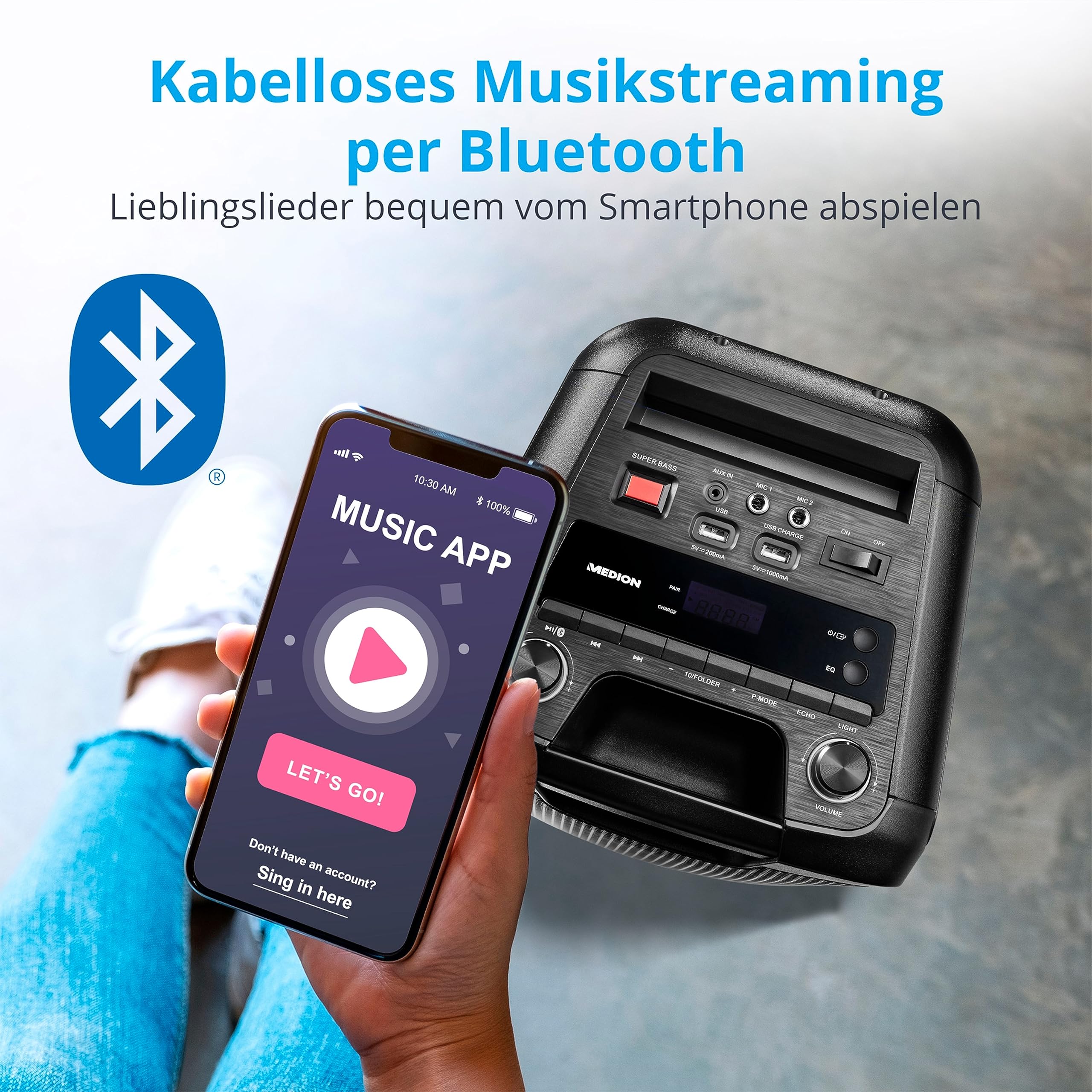 MEDION E61400 Party-Soundsystem (Partylautsprecher, inkl. Mikrofon, Karaoke, Akku, Bluetooth 5.0, Kompaktanlage, Farbige umlaufende LEDs, USB, AUX, 2X Mikrofonanschluss)
