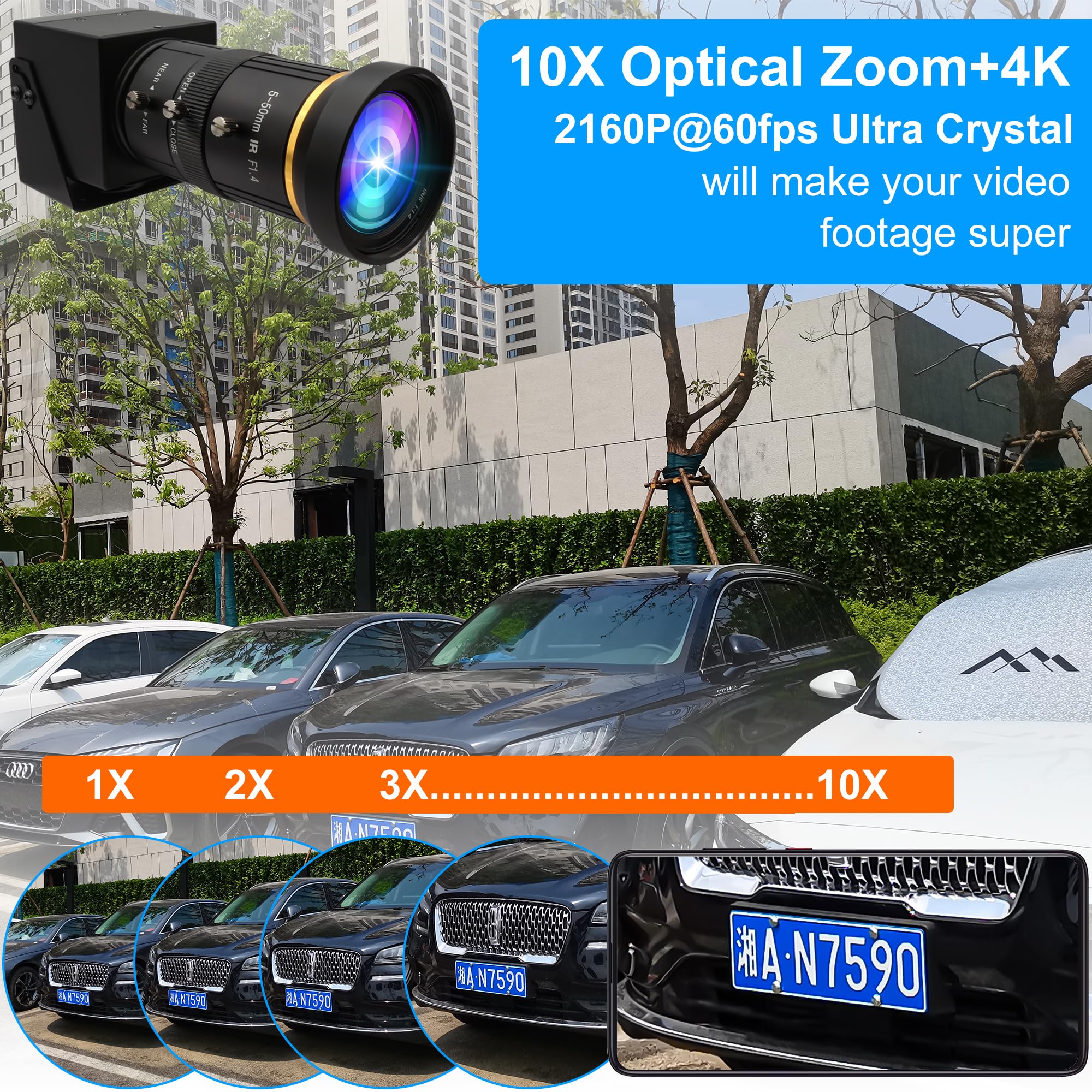 ELP Webcam USB 3.0 4K 60fps - Uscita HDMI e USB, doppio display, zoom manuale, zoom 10x, alta velocità, H.264, obiettivo 5-50mm