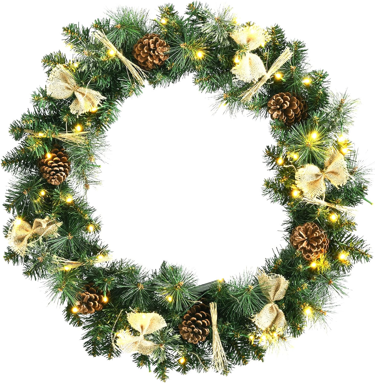 Goplus 30” Prelit Christmas Wreath, Lighted Xmas Pine
