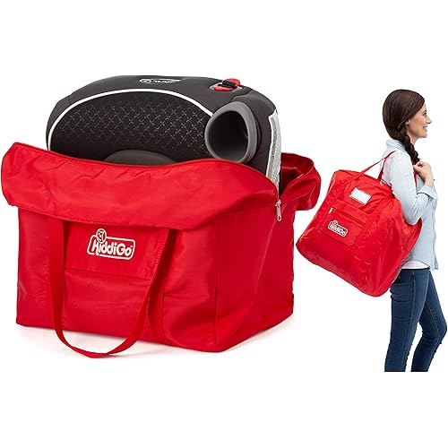 KiddiGo Booster Seat Travel Bag for Airplane, Red, 17" H x 16.5" W x 9.5" D, Fits Most Backless Booster Seats, Easy to Carry with Luggage Handle, Durable Zippers & Front Small Pocket