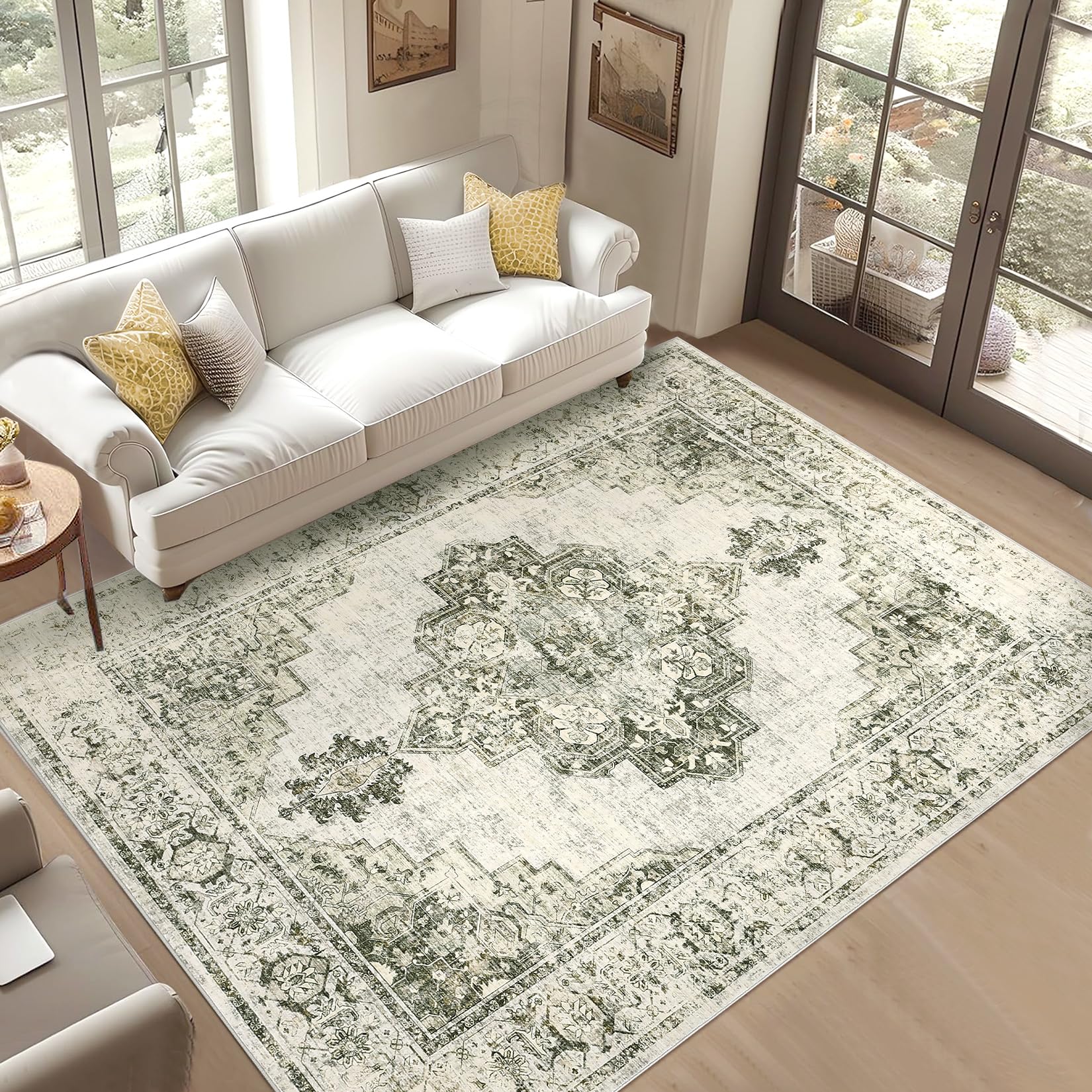 10x13 Area Rugs for Living Room Washable, Soft Vintage Large Bedroom Rugs Boho Farmhouse Low Pile Non-Slip Indoor Carpet Rugs for Dining Room (Green, 10'x13')