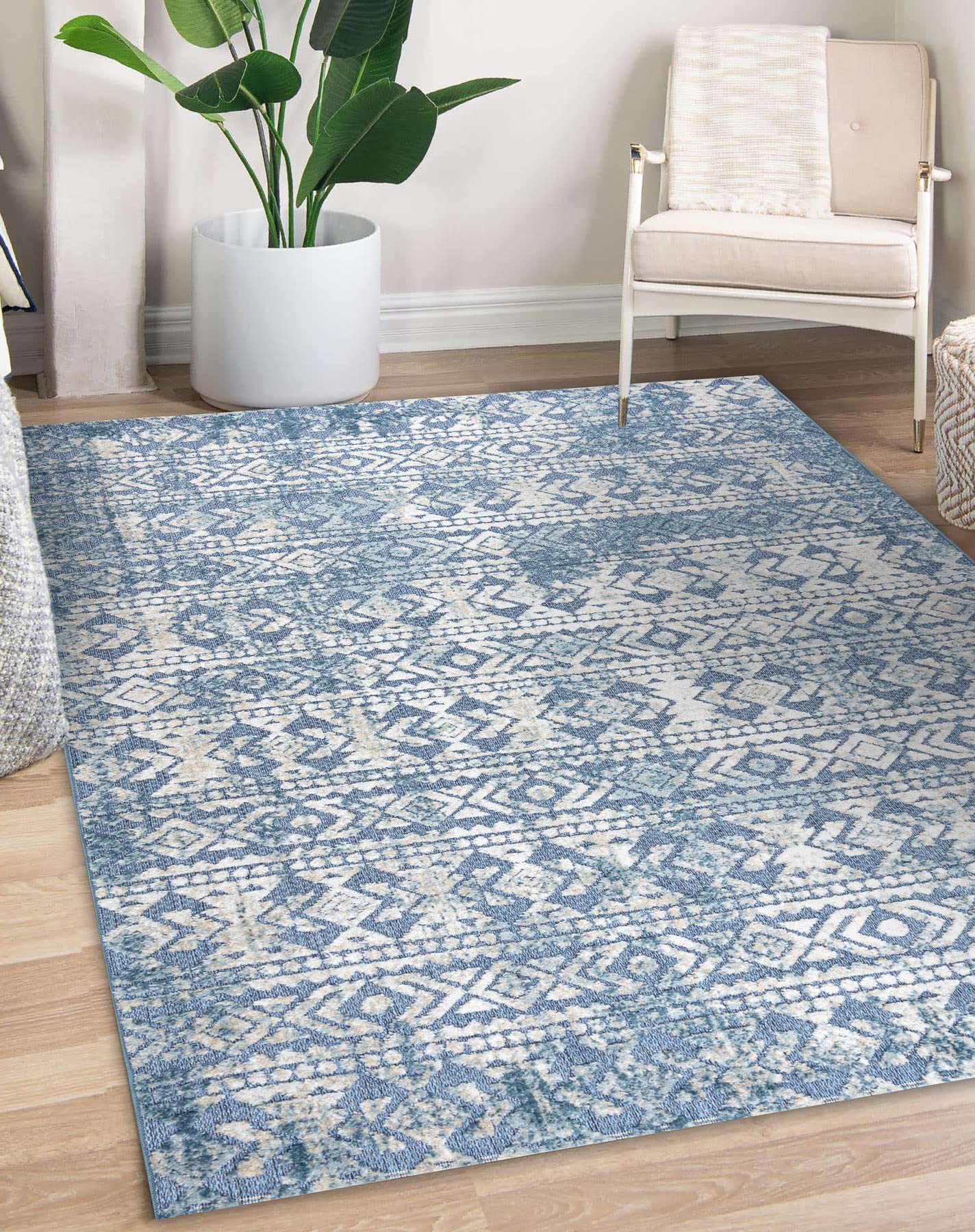 Tapis de terrasse et balcon Sole Aztèque rugsx tressé bleu beige