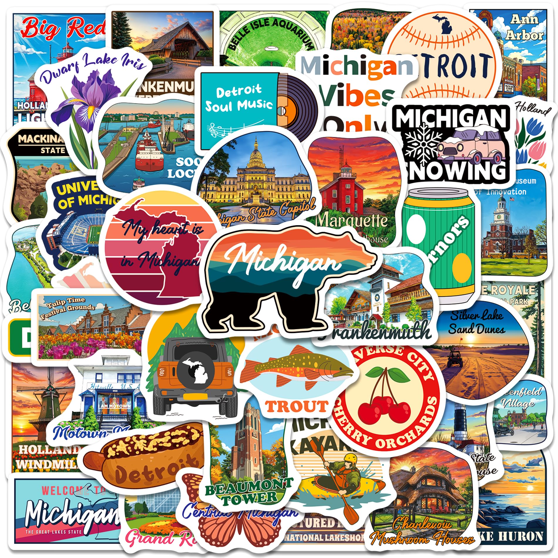 200 PCS Michigan Stickers, Michigan Travel Sticker Pack with 100 Designs, Waterproof Vinyl Vacation Decals for Laptop Water Bottle Travel Journal Party Favors