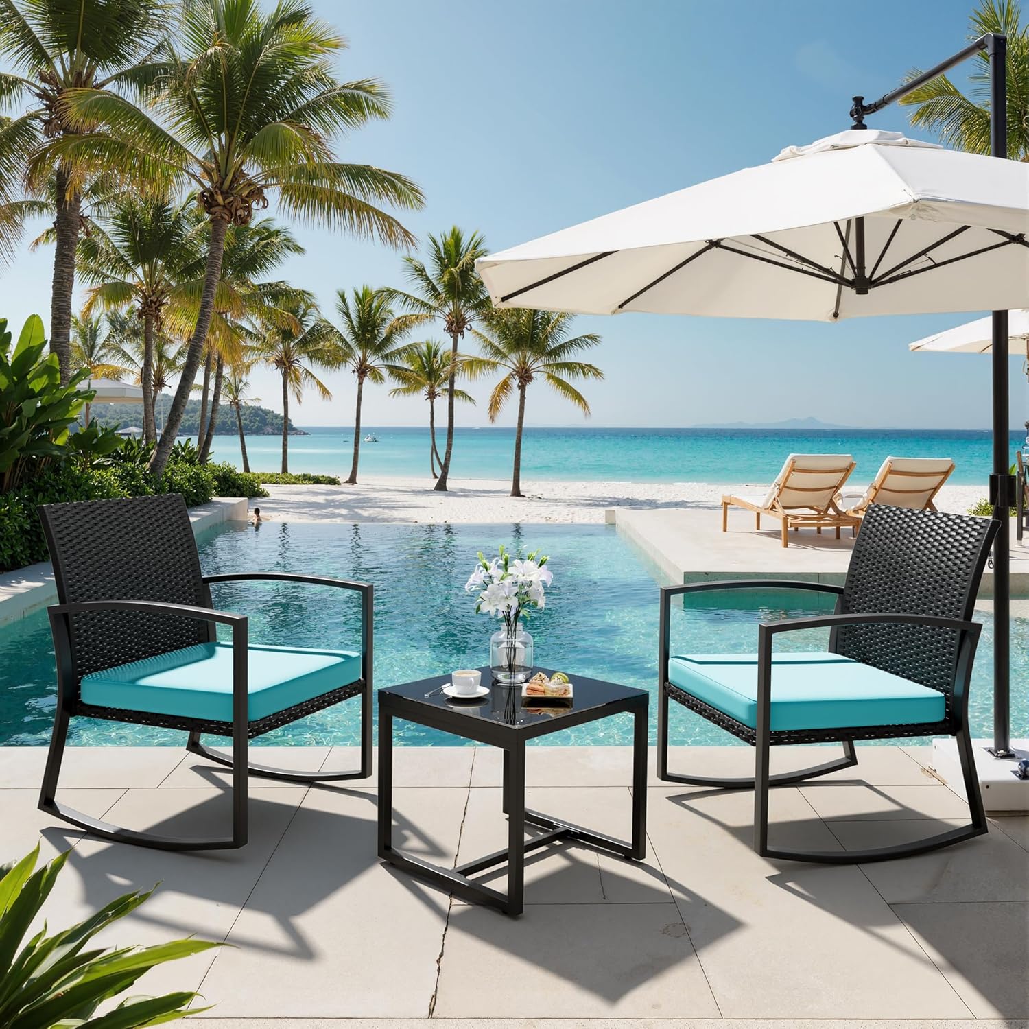 3 Pieces Outdoor Patio Set -Wicker Rattan Chair Conversation Set with Glass Table for Poolside Yard Rocking Chair Set for Bistro Garden Front Porch All Weather Patio Furniture Set