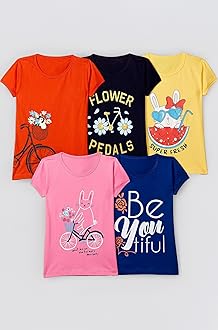 Girls Cotton Printed Regular Fit T-Shirt (Pack of 5)