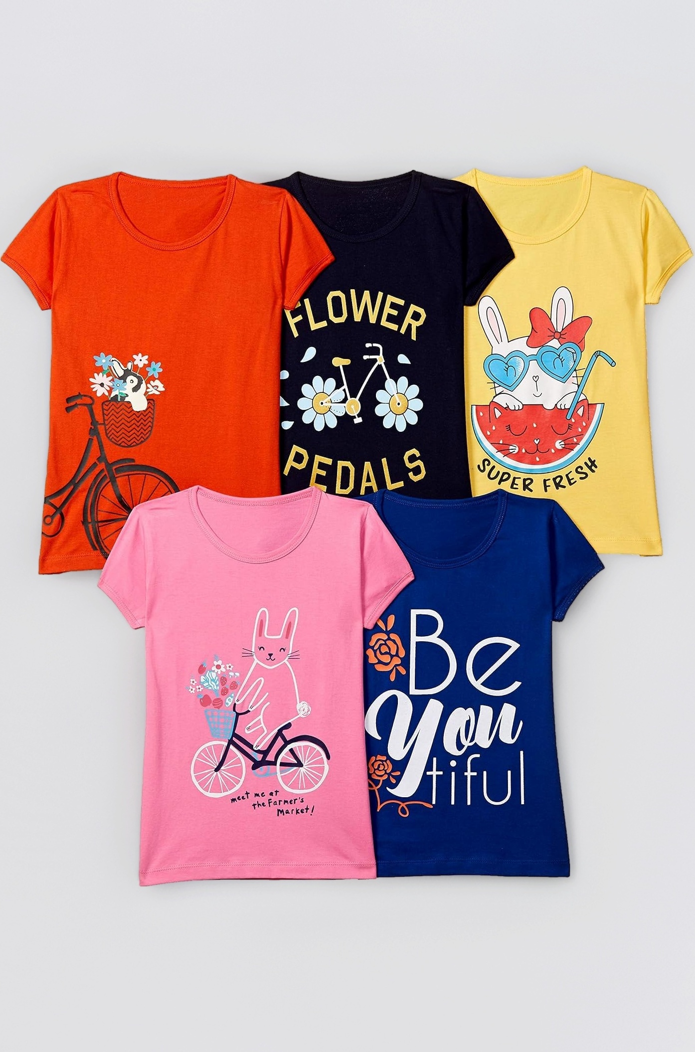 Girls Cotton Printed Regular Fit T-Shirt (Pack of 5)