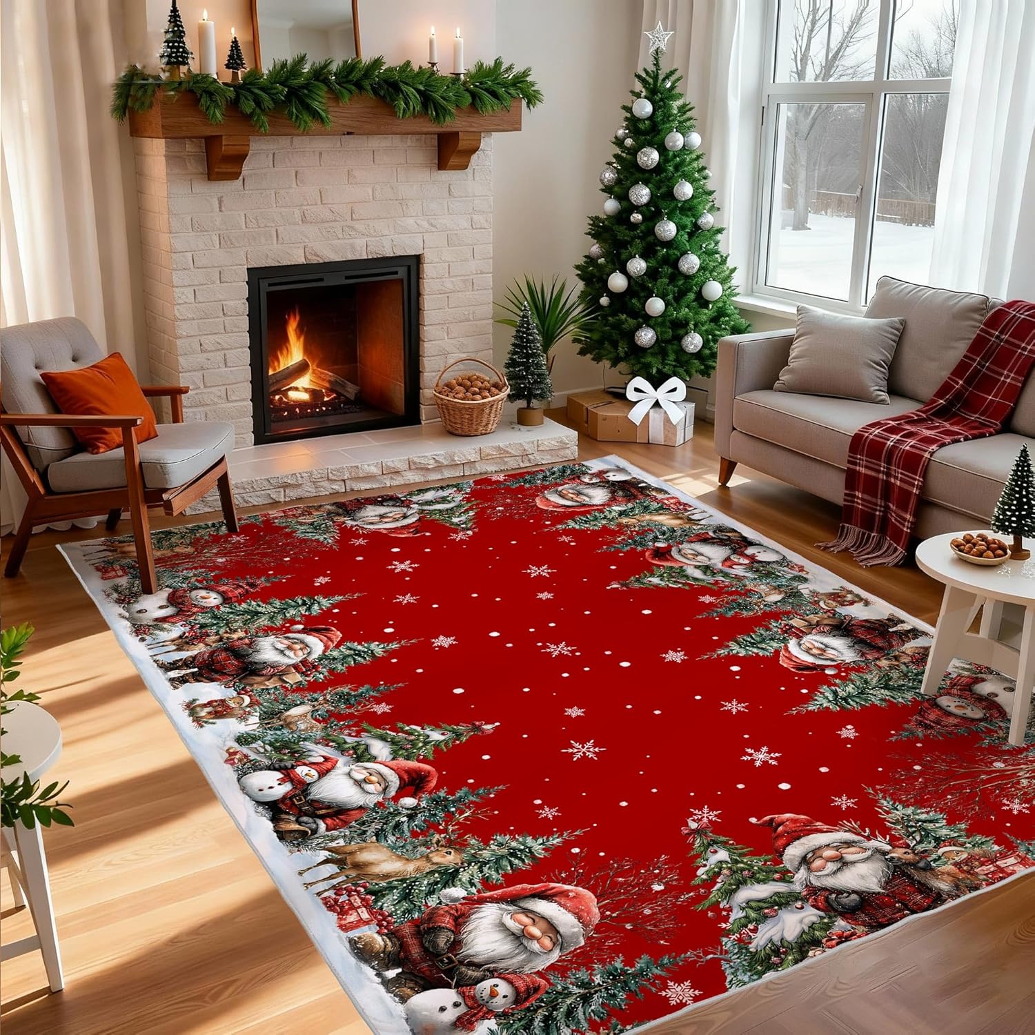 Christmas Area Rug 5x7, Santa and Snowman Holiday Red Rugs - Xmas Washable Non Slip Low Pile Christmas Carpet for Living Room, Bedroom (White Piped Edge)