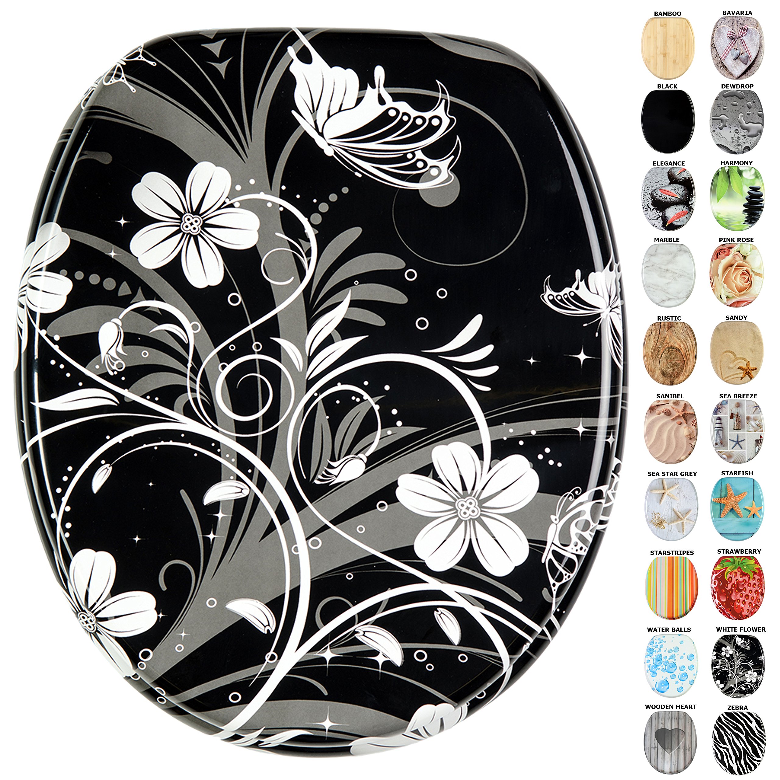 Sanilo Soft Close Toilet Seat, Wide Choice of New Toilet Seats, Stable Hinges, Easy to Mount (White Flower)