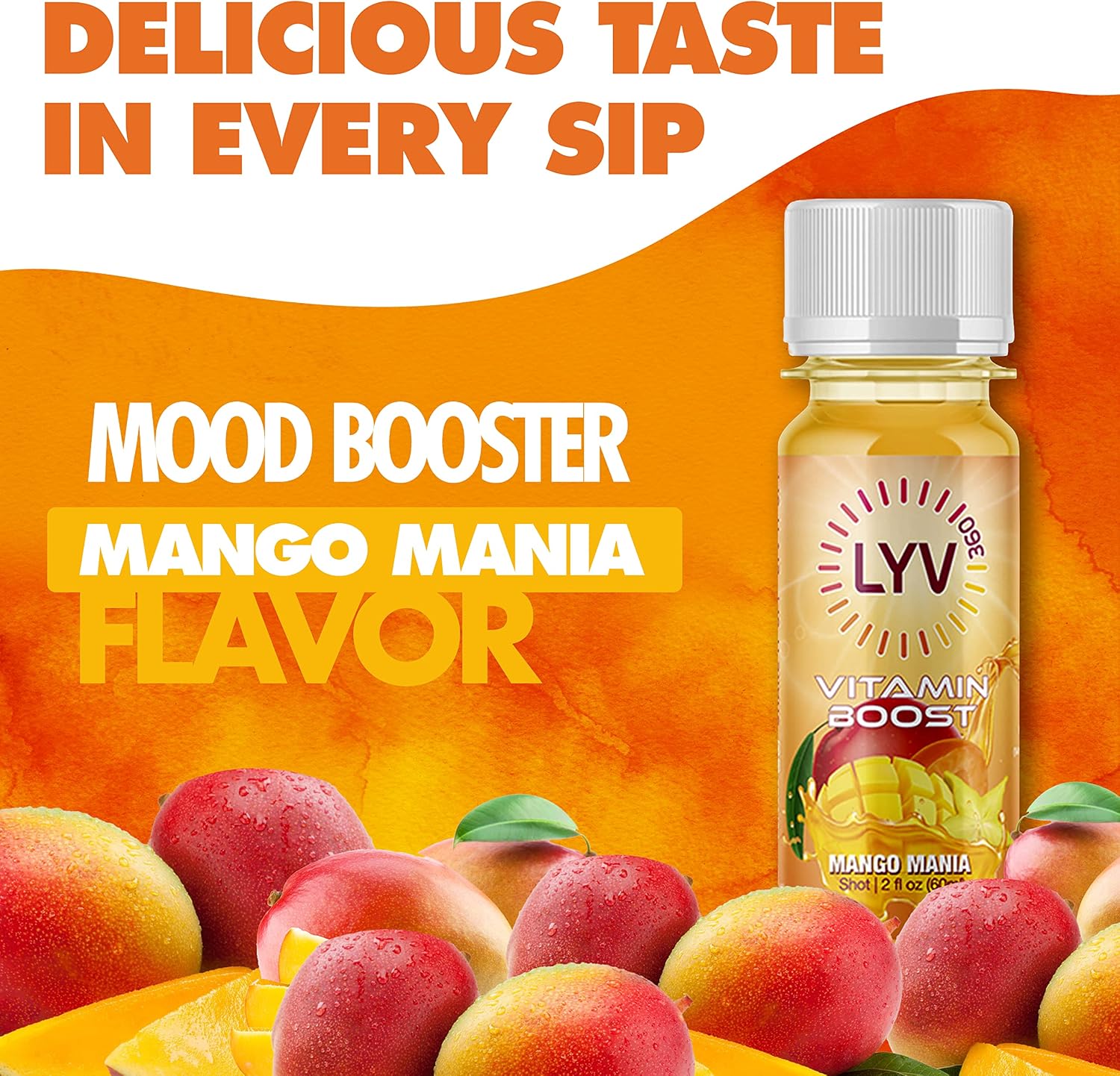 LYV 360 Liquid Vitamin Shot for Immune System Support, Metabolism Booster, Natural Energy Drink, Ready to Drink Vitamin C Supplement - 12 Pack (Mango Mania)