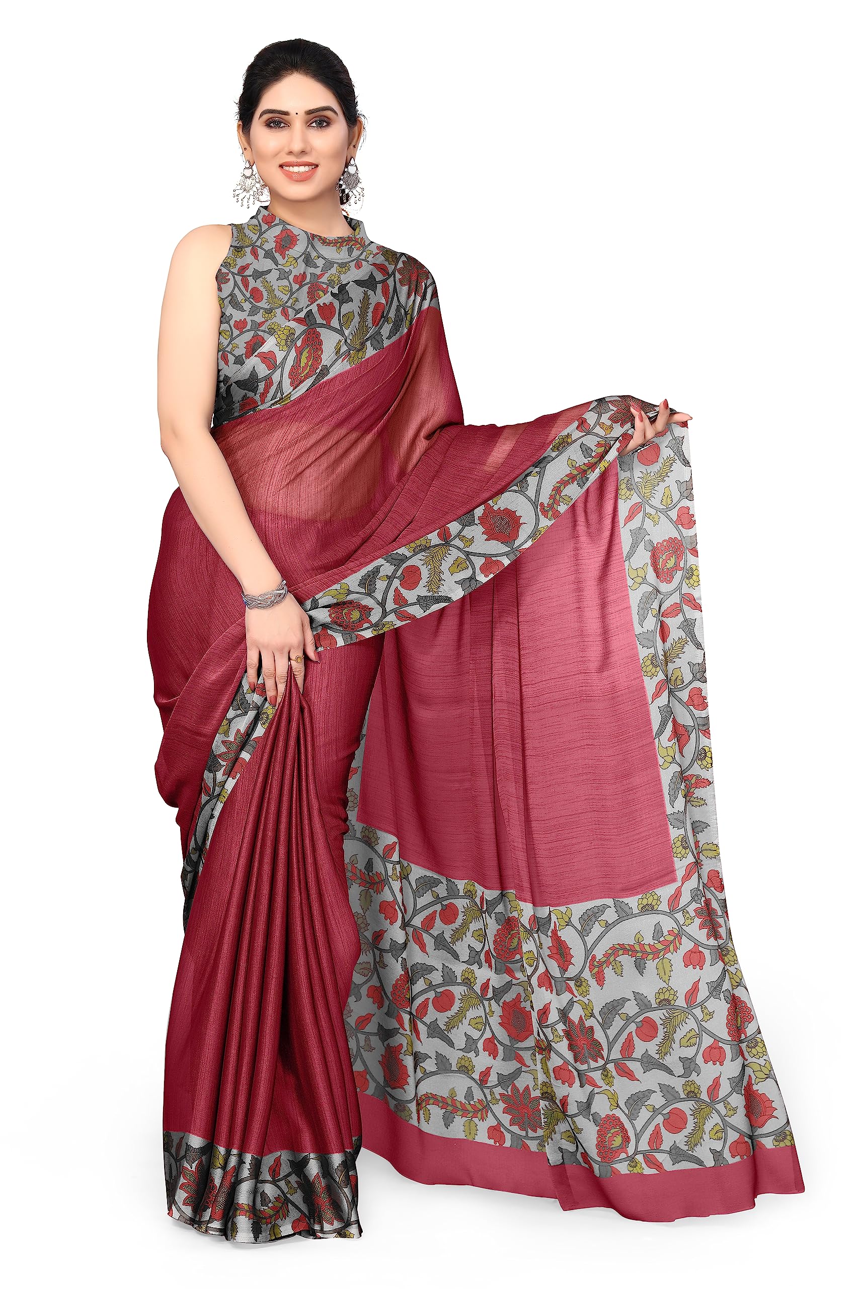 MIRCHI FASHION Women's Chiffon Ajrakh Border Pallu Pririnted Solid Saree with Blouse Piece