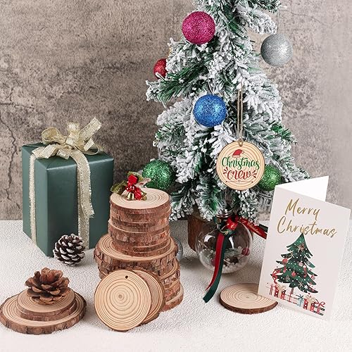 Miniatura 8 de Paquete de 30 rebanadas de madera natural para manualidades, 3.5-4 pulgadas de madera natural sin terminar. Círculos de madera preperforados con