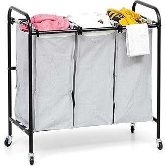 Livzing Metal Laundry Sorter 3 Section Cart With Rotating Wheels - Trolley With Removable Bags - 3 Compartment Divider Organizer & Basket for Bedroom, Home - Grey