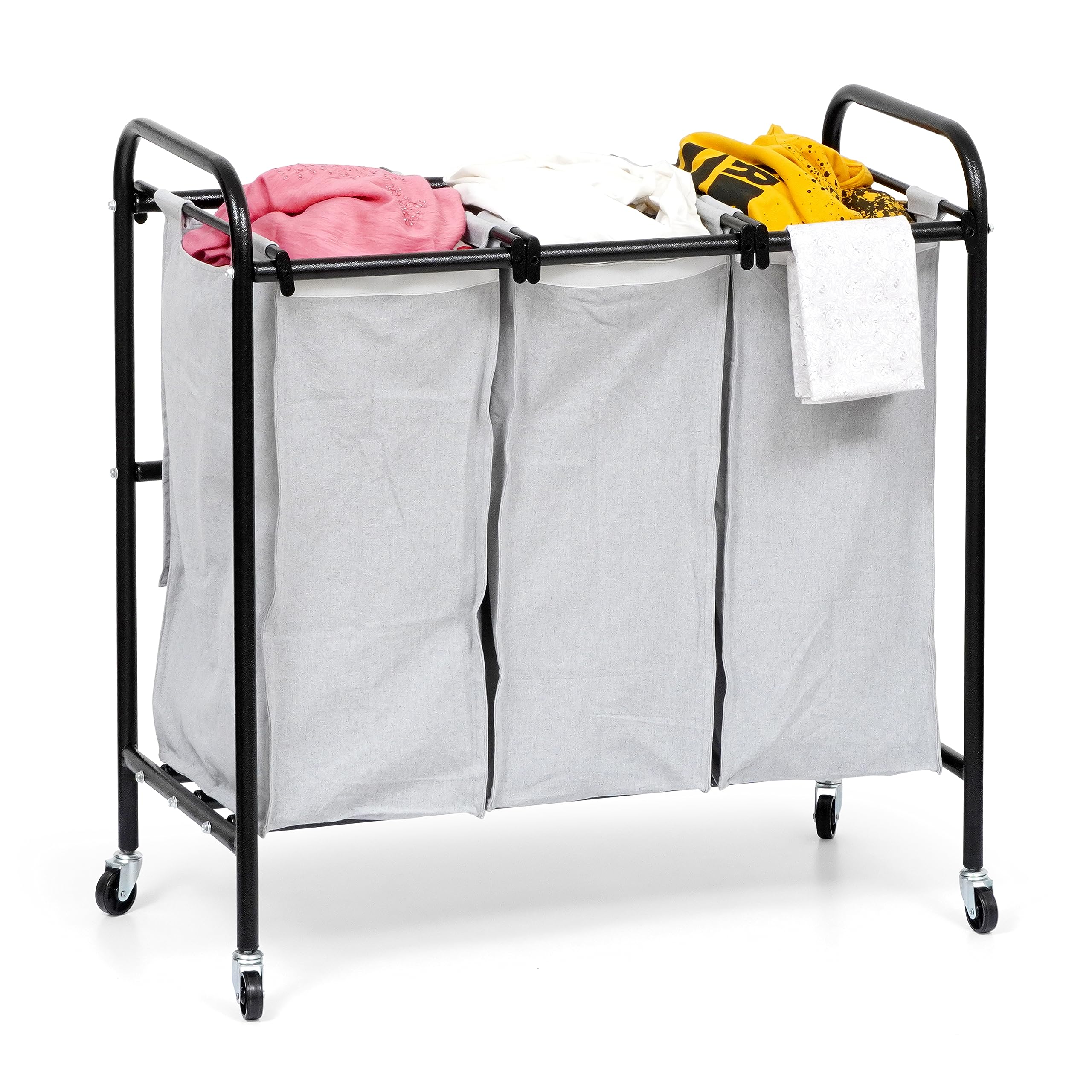 Livzing Metal Laundry Sorter 3 Section Cart With Rotating Wheels - Trolley With Removable Bags - 3 Compartment Divider Organizer & Basket for Bedroom, Home - Grey