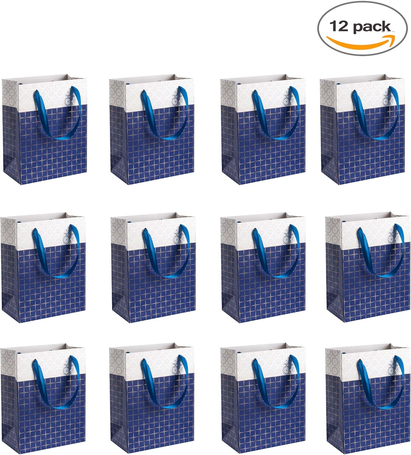 Hammont Wedding Bridesmaid Gift Bags - Box Design Party Favors - 12 Pack Foil Stamped Gift Bag for Hotel Guests - Durable Ribbon Handles - Birthday Bags Women - Beautiful Blue Present Bag 9”x 7”x 4”