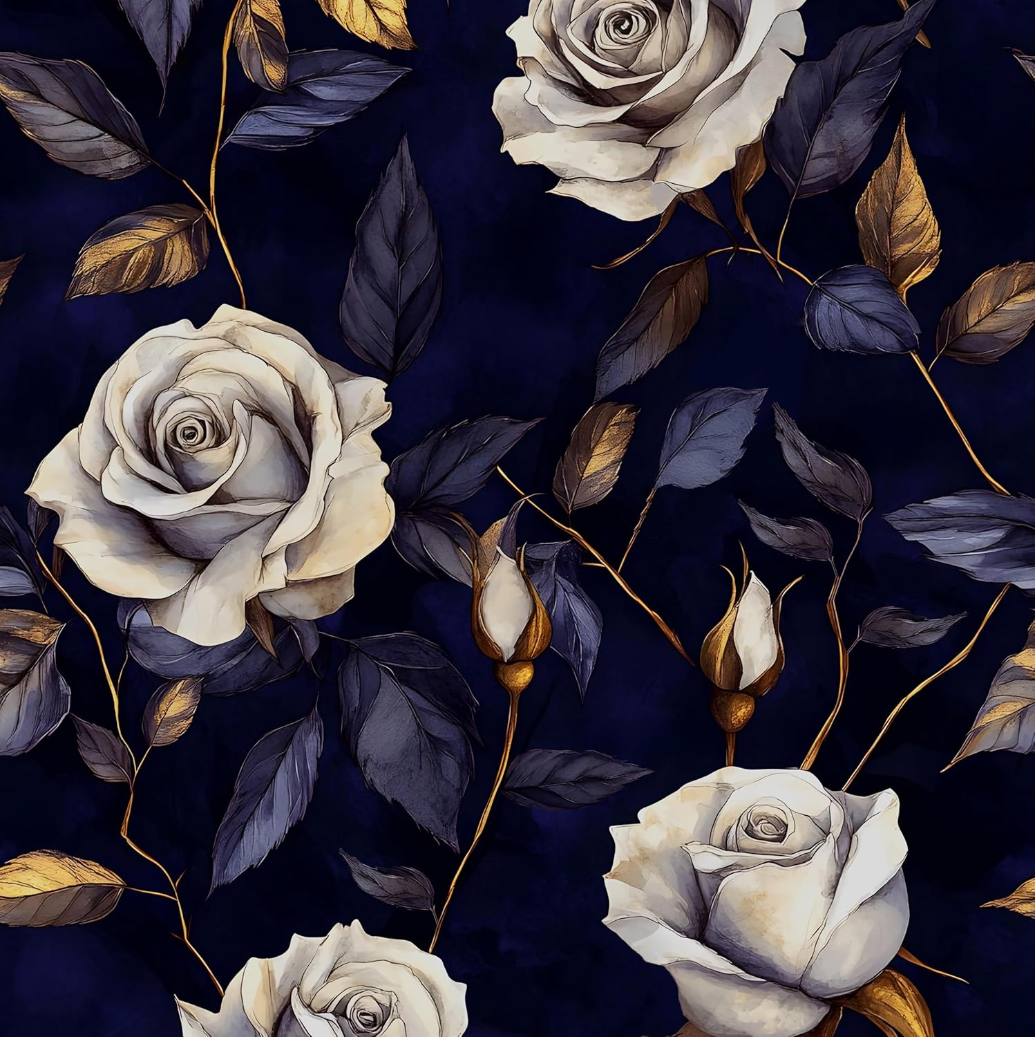 Vintage Dark Blue Rose Wallpaper Peel and Stick 17.5" x 118" Gothic White Floral Botanical Self Adhesive Cantact Paper, Waterproof Removable Vinyl Wall Covering for Bedroom Living Room Cabinet.