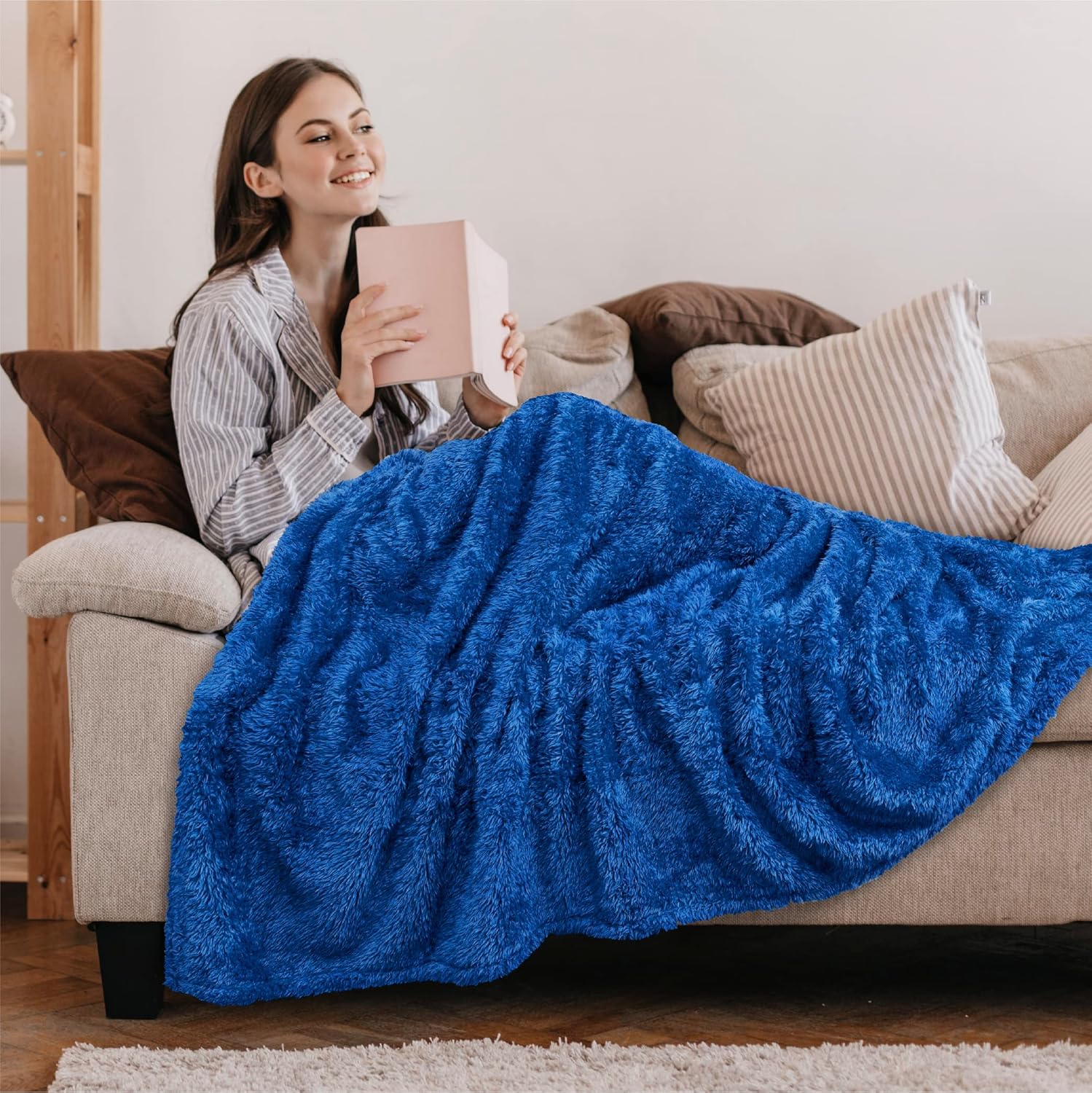 PAVILIA Sherpa Throw Blanket for Couch Sofa, Blue Fluffy Warm Plush Blanket for Bed, Cozy Super Soft Lightweight Throw, Fuzzy Decorative Blanket, All Season Home, 50x60 - Image 9