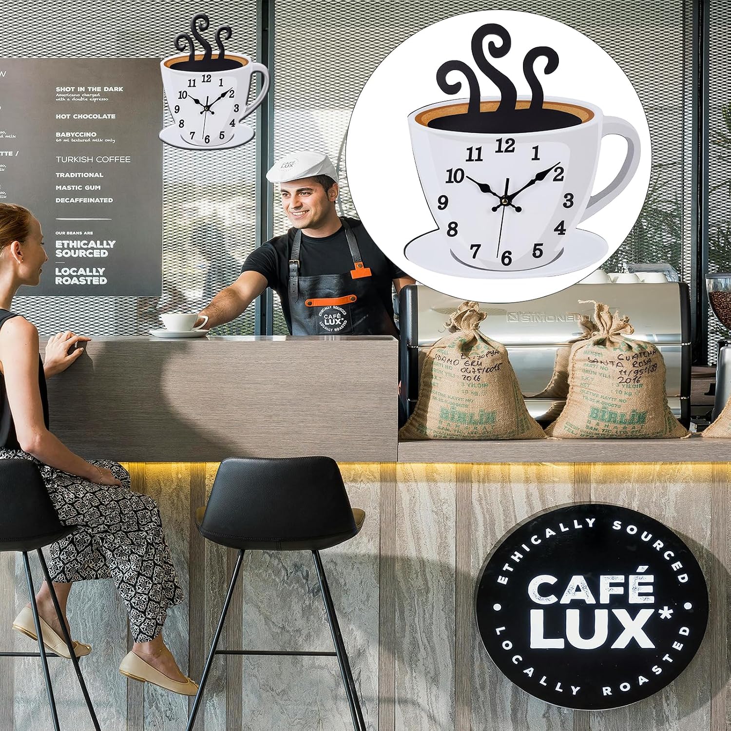Fomaris Coffee Cup Wall Clock - White Modern Farmhouse Decor, Silent Non-Ticking Battery Operated Clock for Kitchen, Coffee Bar, Cafe & Farmhouse, 10.2x12 Inch