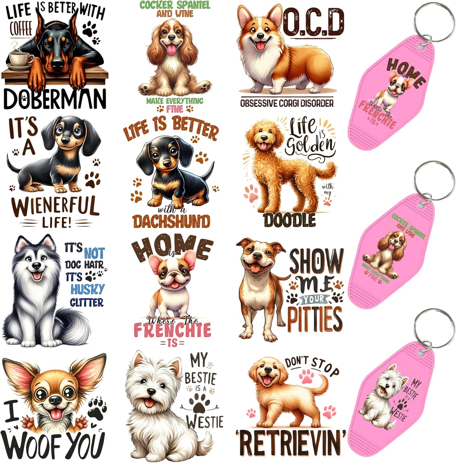 60pcs UV DTF Keychain Transfer Papers - Vinyl Decals for Keys & Luggage Tags, Funny Designs with Scratch-Resistant Coating, Transfer Papers for Hotel Keycards (Dog Breeds Quote)