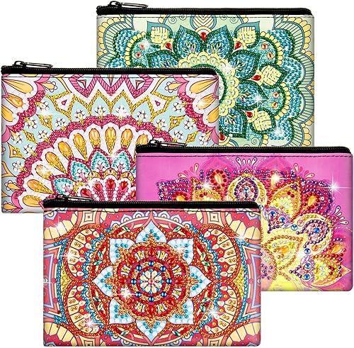 Silkfly 4 bolsas de maquillaje con pintura de diamantes, monederos de bricolaje, artículos de tocador 5D, hechos a mano, doble diseño, pintura de