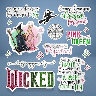 Wicked Stickers – 16-Piece Waterproof Vinyl Decal Pack for Wicked Party Decorations, Merch & Party Favors, Broadway Fan Gift for Laptops, Water Bottles, and Scrapbooks