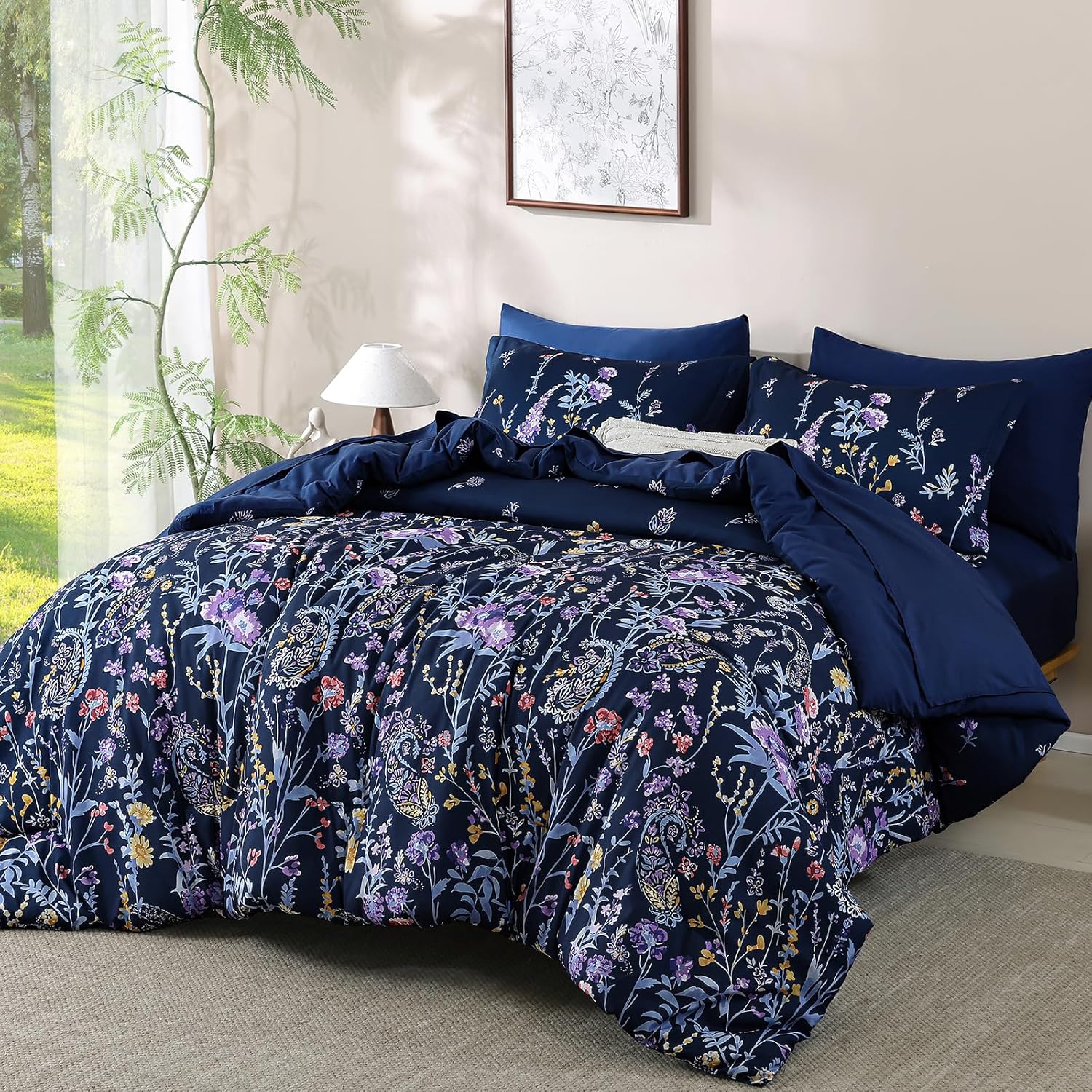 Yiran Navy Floral Comforter Set Queen Size, 7 Piece Blue Botanical Flowers Comforter Bedding Set, Bed in a Bag Queen, Soft Microfiber Complete Bedding Set with Sheets for All Season