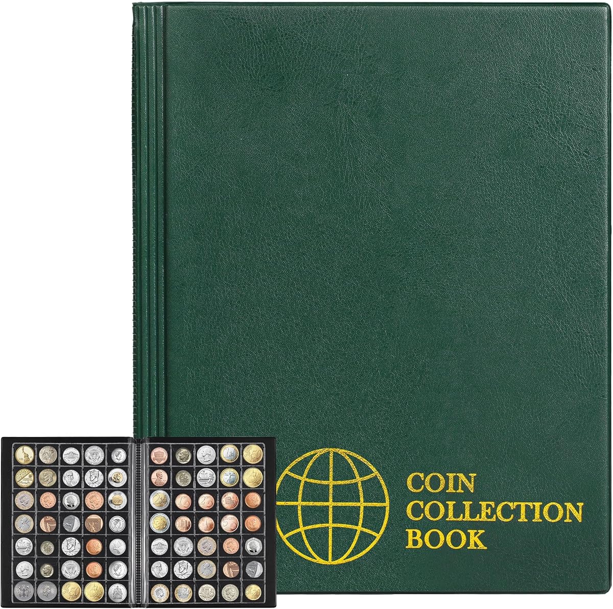 350 Pockets Coin Album 35x30mm 10 Pages Collection Storage Book Green | Uncle Paul Coin Holders Fit Coins Up To 25mm Artificial Leather Cover Acid-Free PVC Coin Storage Book CS0235GR
