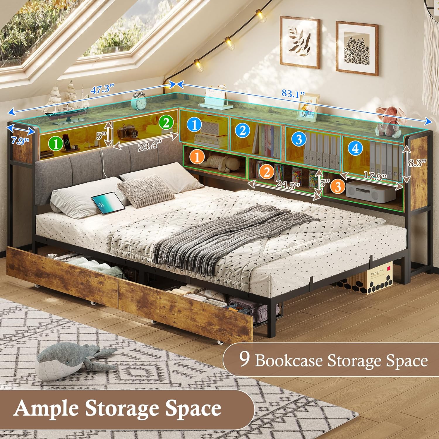 Corner Bed with Storage Bookcase and LED Light,Corner Bed Frame with 2 Underneath Storage Drawers & Charging Station and Mattress Slide Stopper,Twin Bed Frames for Bedroom,Rustic Brown
