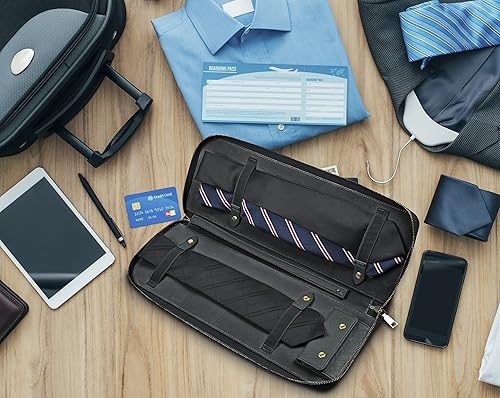 Miniatura 7 de UTILE Estuche de almacenamiento de piel sintética para viajes, soporte para corbatas, corbatas, corbatín, barra de corbata y gemelos (17.3 x 6.7 x