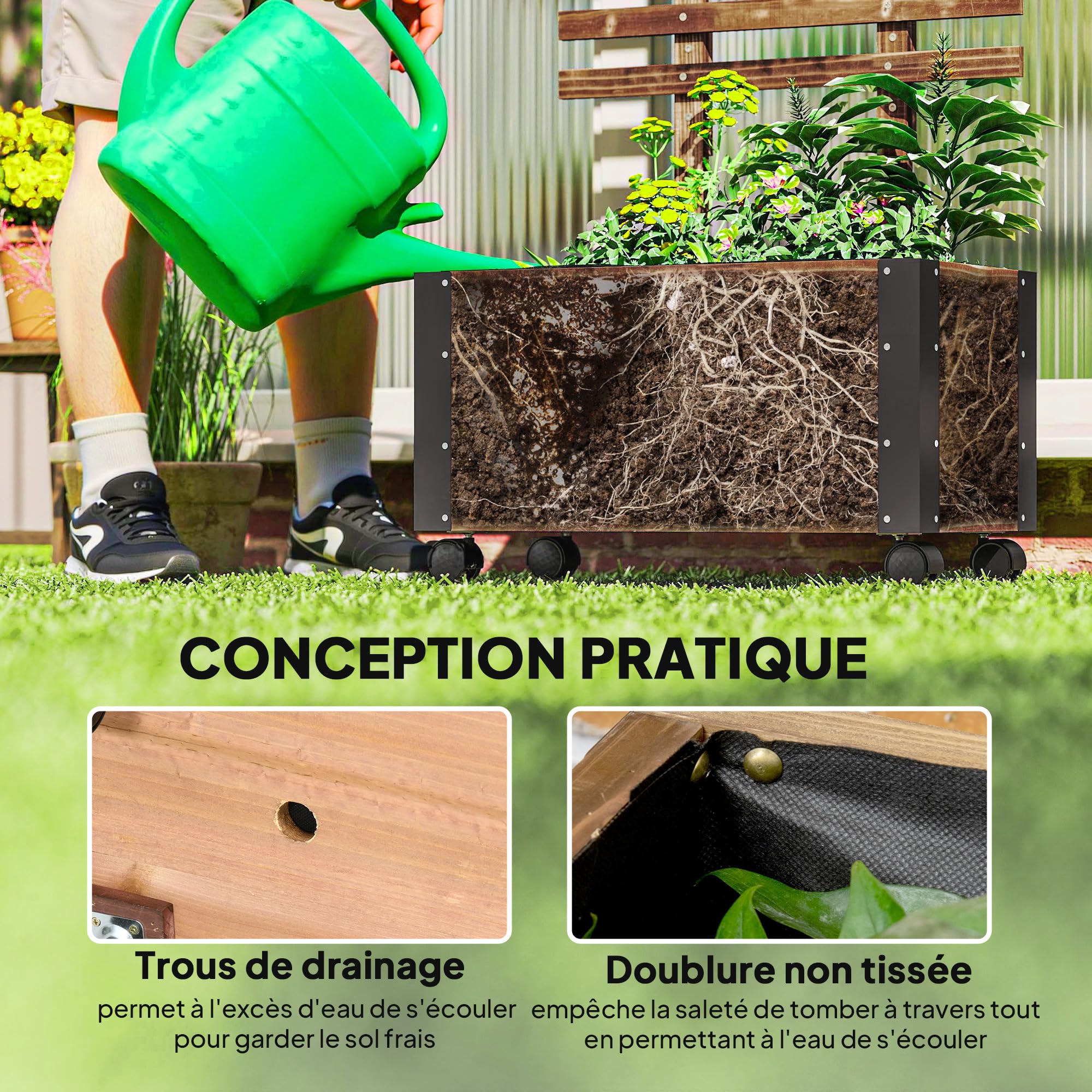 Outsunny Jardinière avec Treillis - bac à Fleurs avec Tissu Non tissé et roulettes - 65 x 31 x 147 cm Bois Sapin pré-huilé