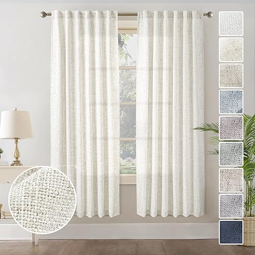 Miniatura 1 de 2 paneles de cortinas texturizadas de lino natural para sala de estar, 63 pulgadas de largo, cortinas semitransparentes para filtrado de luz,