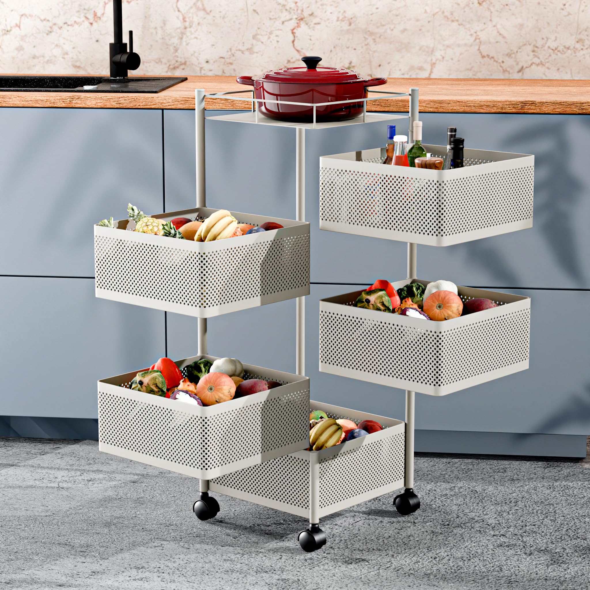 TEX-RO Kitchen Trolley with Wheels | 5-Layer Metal Vegetable Basket Stand & Kitchen Storage Rack | Multipurpose Kitchen Organizer for Onion Potato Storage (White)
